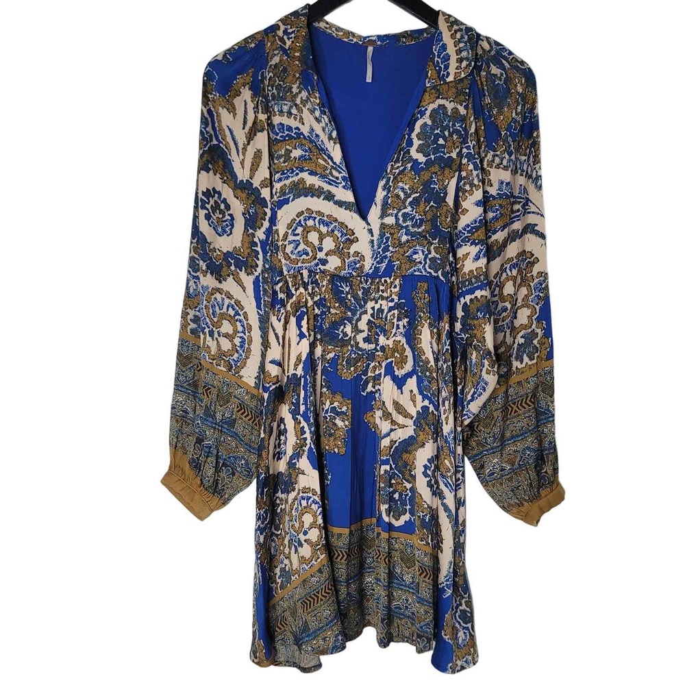 Free People Boho Paisley Mini Babydoll Dress Blue Bohemian Festival Hippie S
